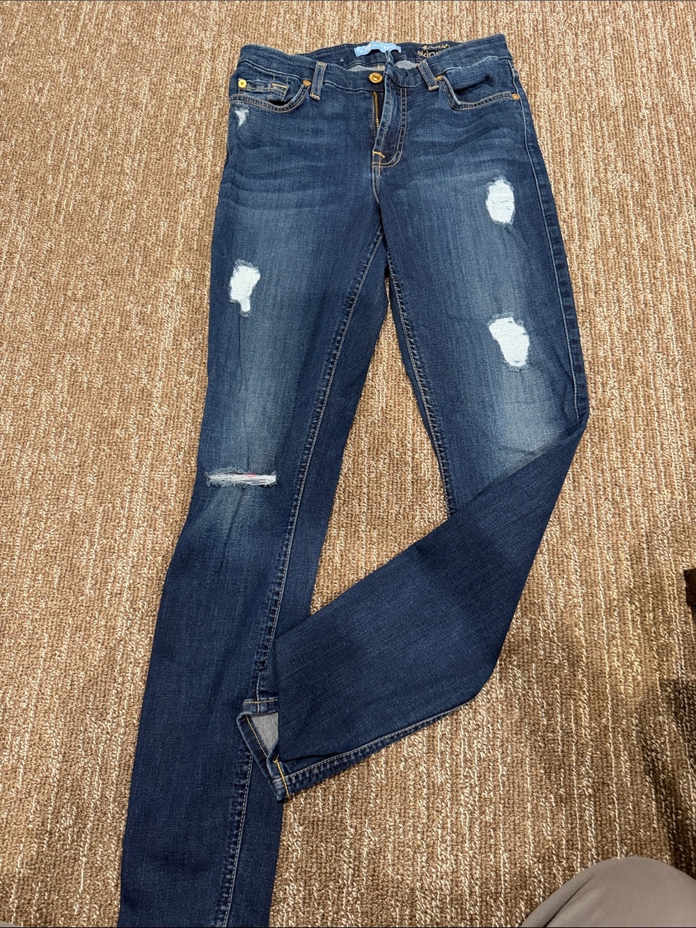7 For All Mankind Dark Blue Distressed Skinny Jeans